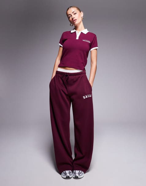 Kaiia sport contrast logo oversized t-shirt, hoodie, joggers and jacket co-ord in burgundy - view 1