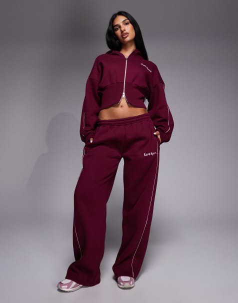 Kaiia sport cotton rich contrast piping cinched waist zip up hoodie and sweatpants set in burgundy and baby pink - view 1