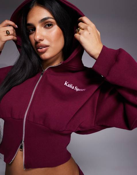 Kaiia sport cotton rich embroidered logo cropped zip up hoodie in burgundy and baby pink - part of a set - view 1