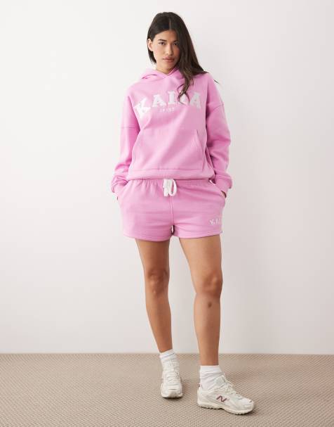 Kaiia Sport cotton rich embroidered logo oversized hoodie and shorts set in light pink - view 1