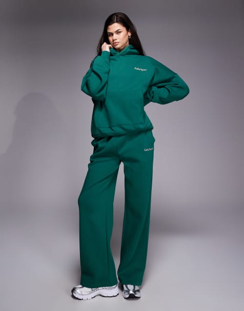 Kaiia sport cotton rich tennis icons graphic oversized hoodie and joggers co-ord in dark green and pink - view 1