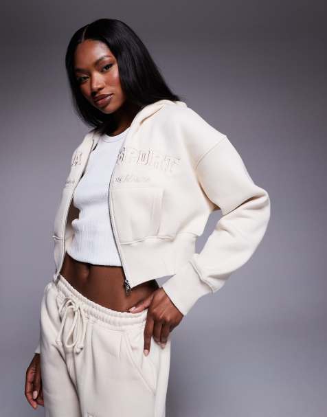 Kaiia sport embroidered logo cropped zip through hoodie in cream (part of a set) - view 1