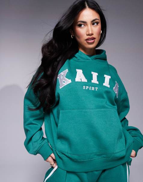 Kaiia sport embroidered logo hoodie in green - part of a set - view 1