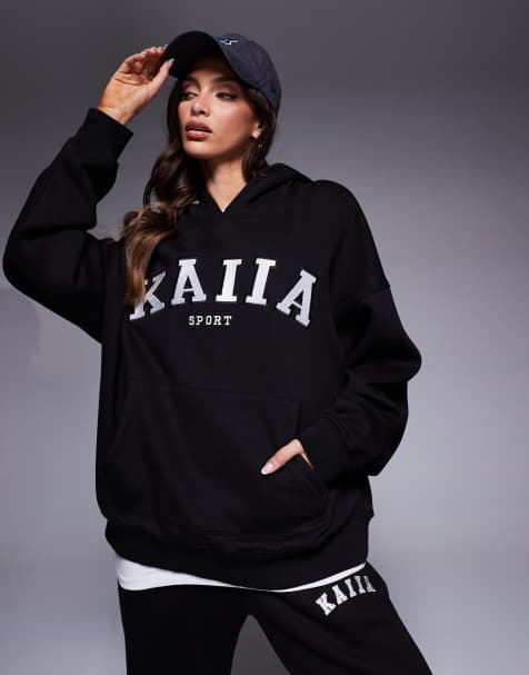 Kaiia sport embroidered logo oversized hoodie co-ord in black and cream - view 1