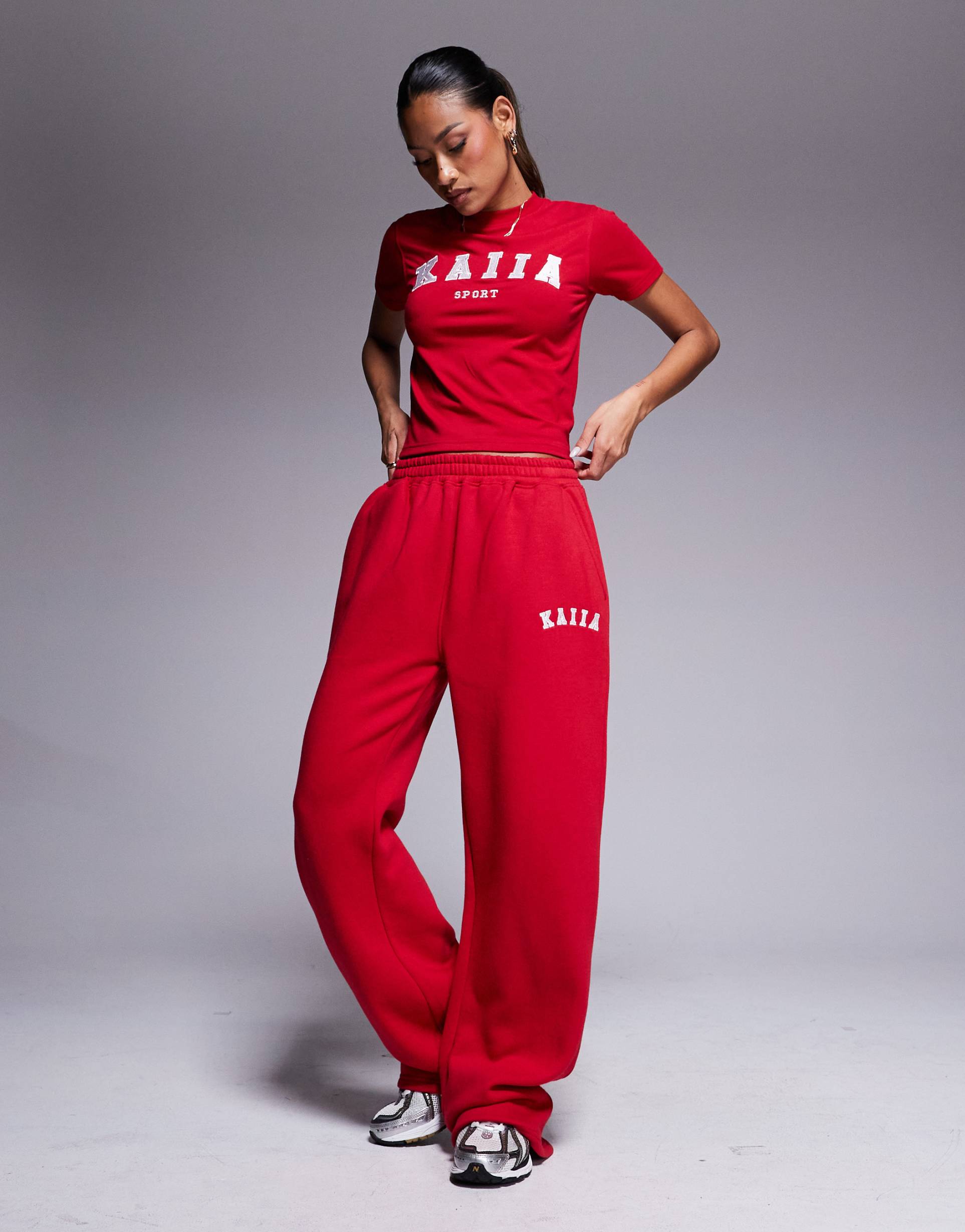 kaiia sport embroidered logo wide leg sweatpants in red - part of a set