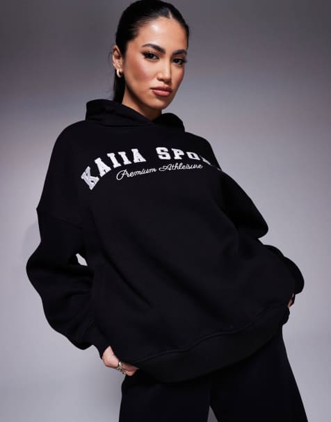 Kaiia sport embroidered premium athleisure logo oversized hoodie in black and white - view 1