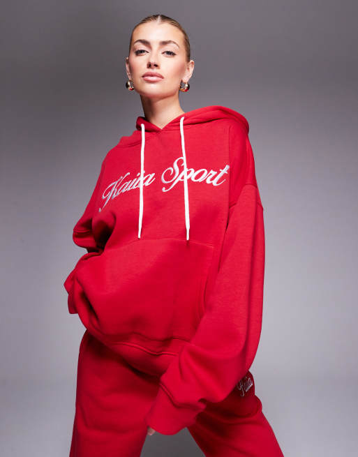 Kaiia sport embroidered script logo drawstring hoodie in red and white - part of a set