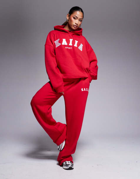Kaiia sport hoodie, longline baby tee and wide leg sweatpants set in red - view 1