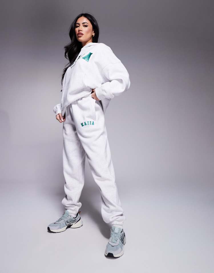 Kaiia - Sport - Jogginghose aus Baumwollmix in Grau meliert mit Logo-Stickerei und Bündchen, Kombiteil