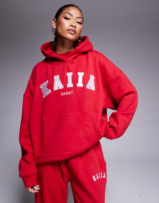 Kaiia - Sport - Kapuzenpullover in meliertem Grau mit hohem Baumwollanteil und Logo-Stickerei, Kombiteil-Rot