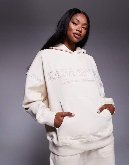 Kaiia - Sport - Oversized hoodie met geborduurd logo in crème, deel van co-ord set