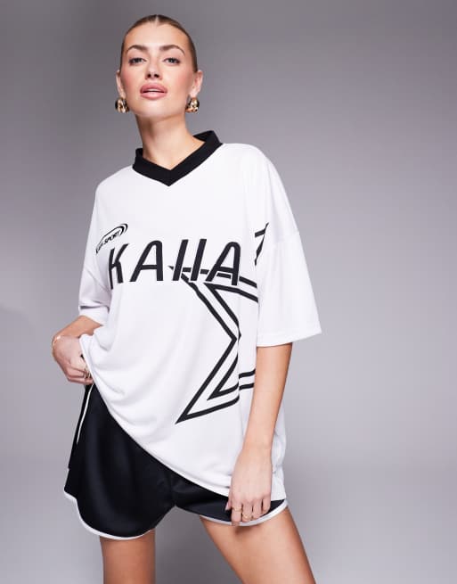 Kaiia sport oversized star logo football jersey in white and black, 3 of 4