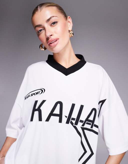 Kaiia sport oversized star logo football jersey in white and black, 4 of 4