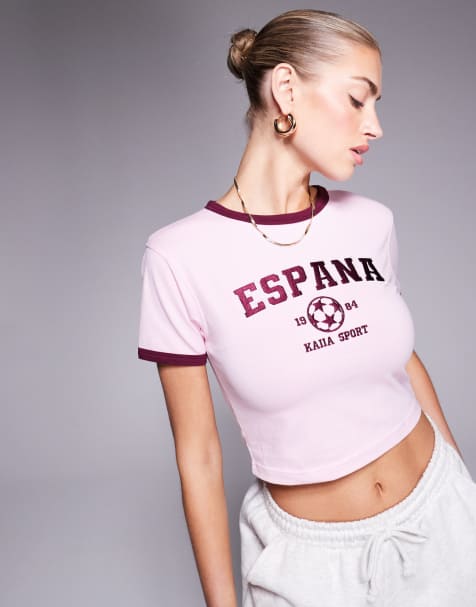 Kaiia - Sport - Pink/bordeaux baby-T-shirt med 'Espana'-broderi og kontrasterende kanter - view 1