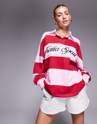Kaiia - Sport - Rugby-Hemd mit Oversize-Passform und Streifen in Rot und Rosa-Bunt