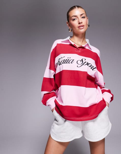 Kaiia – Sport – Rugby-Hemd mit Oversize-Passform und Streifen in Rot und Rosa - view 1
