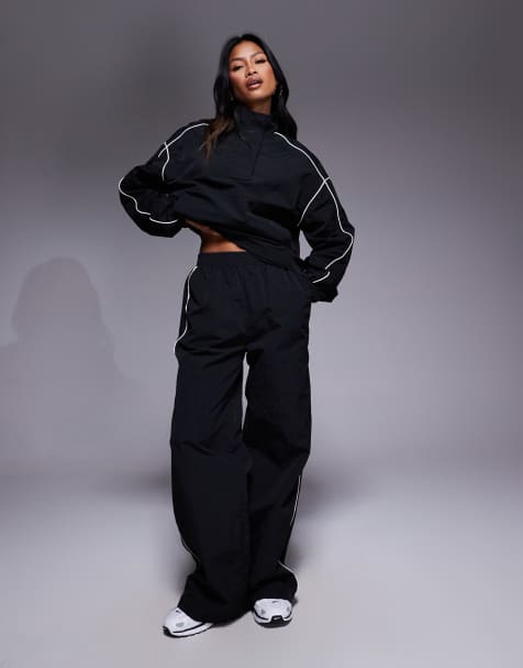 Kaiia sport side stripe wide leg sweatpants and zip through jacket set in black and white - view 1