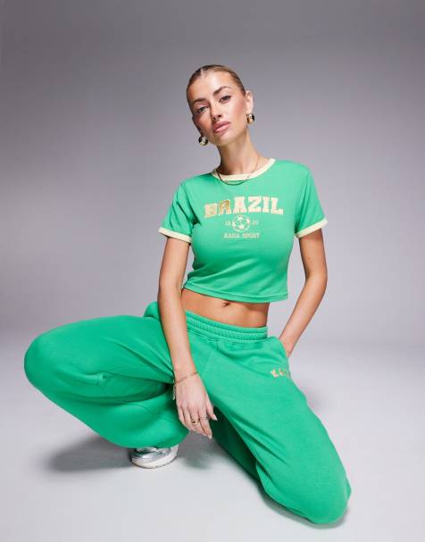 Kaiia Sport - T-shirt d'ensemble effet rétréci avec bords contrastants et imprimé Brazil - Vert/jaune - view 1
