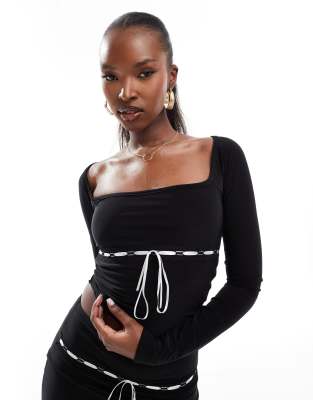 square neck contrast bow detail long sleeve top in black - part of a set