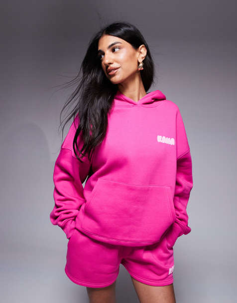 Kaiia - Sæt med cami-top med hævet logoprint, hættetrøje og shorts i pink/lyserød - view 1