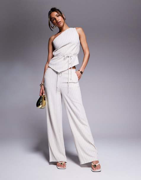 Kaiia - Sæt med oneshoulder-top og bukser med vide ben og gråbrune striber i hørlook - view 1