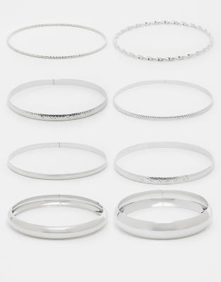stainless steel 7 pack assorted bangles in silver tone