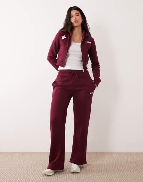 Kaiia star logo graphic zip through cropped hoodie and wide leg jogger co-ord in burgundy and pink - view 1