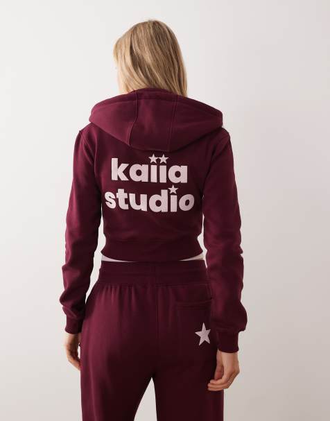 Kaiia star logo graphic zip through cropped hoodie co-ord in burgundy and pink - view 1