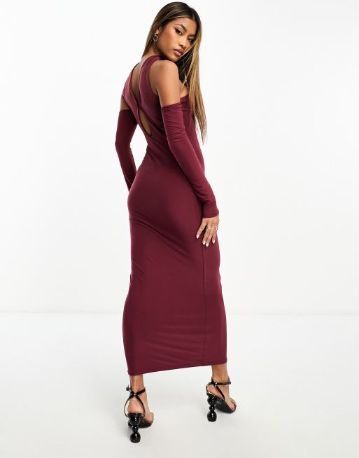 Kaiia - Stram bordeauxrød bodycon-maxikjole med choker-detalje, 3 af 4
