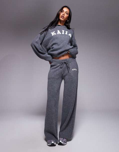 Kaiia – Strickhose in Anthrazit mit weitem Bein und Logo-Stickerei, Kombiteil - view 1