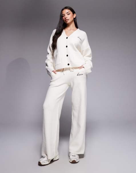 Kaiia – Strickhose in Creme mit weitem Bein und Logo-Stickerei, Kombiteil - view 1