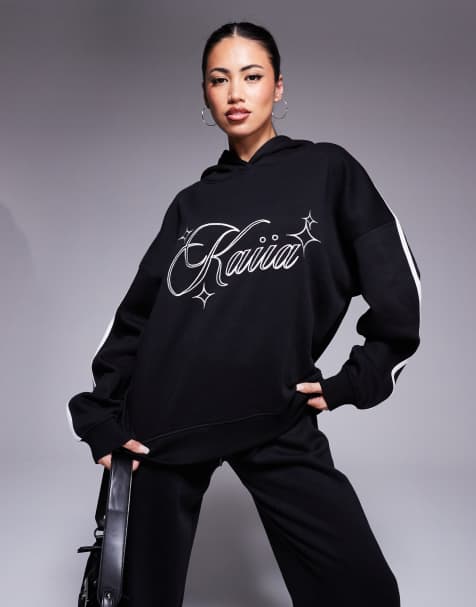 Kaiia stripe sleeve oversized hoodie co-ord in black and white - view 1