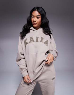 Kaiia - Strukturierter Kapuzenpullover in hellem Taupe mit Logo, Kombiteil-Braun