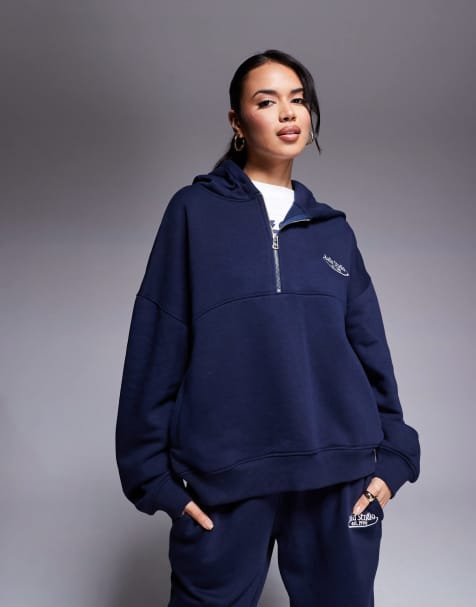 Kaiia Studio 3/4 zip drop shoulder embroidered logo hoodie co-ord in navy - view 1