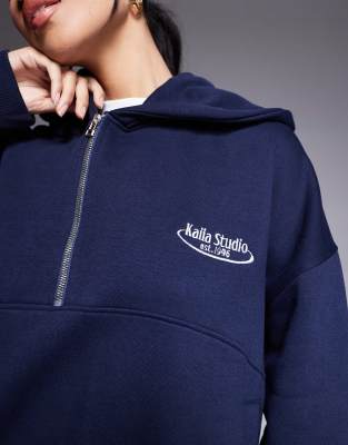 Shop Kaiia Studio 3/4 Zip Drop Shoulder Embroidered Logo Hoodie In Navy