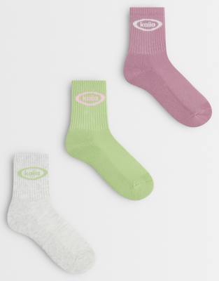 Kaiia - Studio - 3er-Pack Baumwollsocken in Grau, Grün und Rosa mit Logo-Detail-Bunt