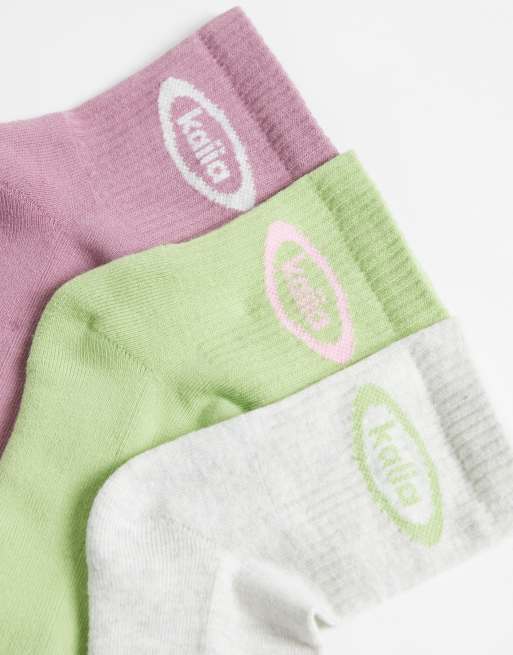 Kaiia – Studio – 3er-Pack Baumwollsocken in Grau, Grün und Rosa mit Logo-Detail, 2 von 3