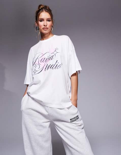 Kaiia – Studio – Biało-różowy T-shirt z wysoką zawartością bawełny z haftowaną grafiką z gwiazdą - view 1