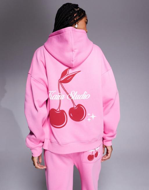 Kaiia Studio cherry back print oversized hoodie and wide leg trackies set in pink