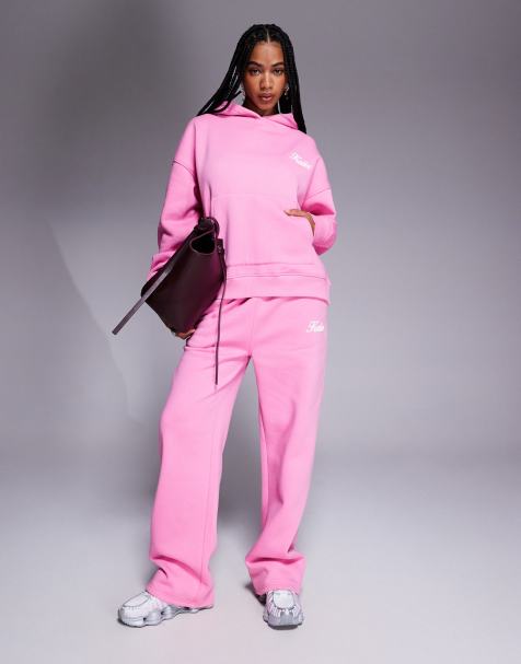 Kaiia Studio cherry back print oversized hoodie and wide leg trackies set in pink - view 1