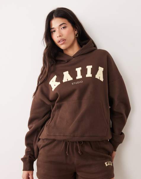 Kaiia – Studio – Chokladbrun och citrongul huvtröja i oversize med broderad logga, del av set - view 1