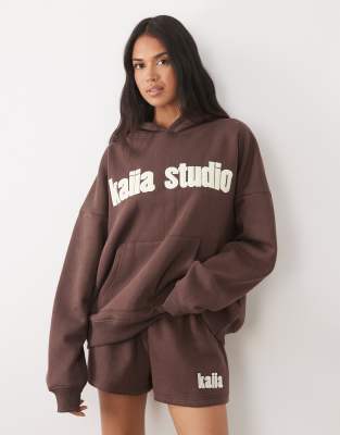 Kaiia Studio Cotton Rich Embroidered Logo Oversized Hoodie Co-ord In Brown