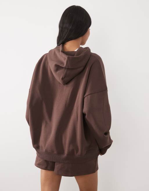 Kaiia Studio cotton rich embroidered logo oversized hoodie co-ord in brown & yellow , 4 of 4