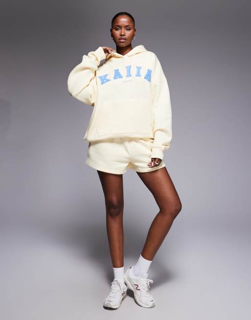 Kaiia Studio cotton rich embroidered logo oversized hoodie in lemon and blue (part of a set), 3 of 4