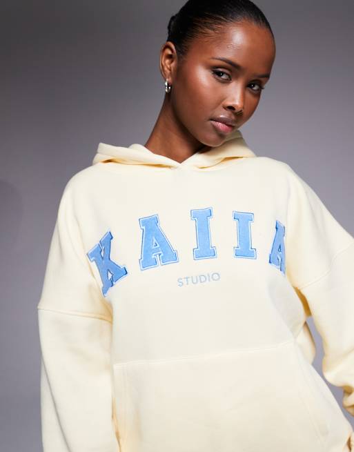 Kaiia Studio cotton rich embroidered logo oversized hoodie in lemon and blue (part of a set), 4 of 4