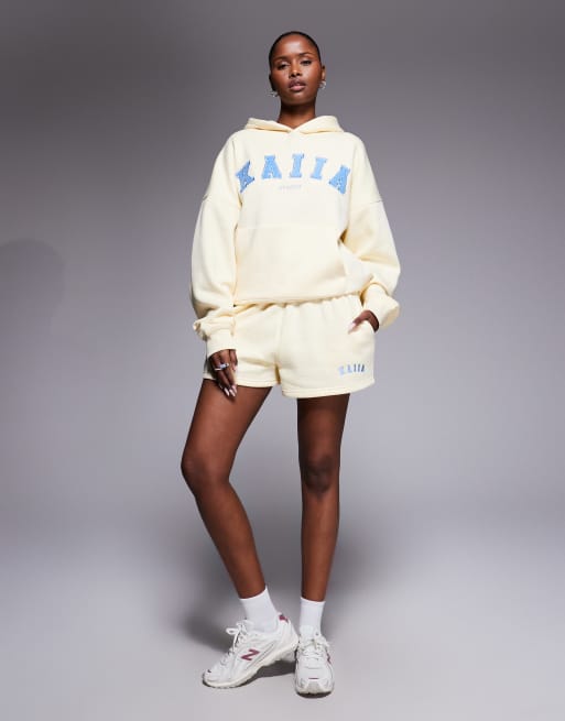 Kaiia Studio cotton rich embroidered logo shorts in lemon and blue (part of a set), 3 of 5