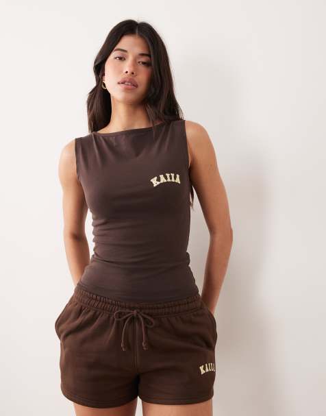 Kaiia Studio cotton rich embroidered logo tank top in chocolate and lemon (part of a set) - view 1