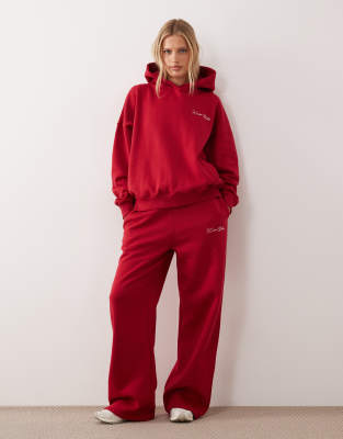 Kaiia Exclusive Cotton Rich Diamante Logo Wide Leg Sweatpants In Red