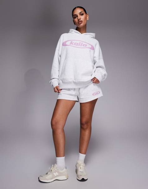 Kaiia studio cotton rich printed logo oversized hoodie and sweat shorts co-ord in grey and lilac - view 1