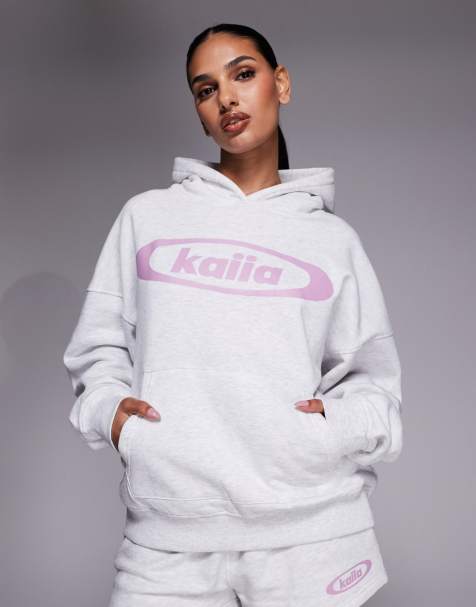 Kaiia studio cotton rich printed logo oversized hoodie in gray and lilac - part of a set - view 1